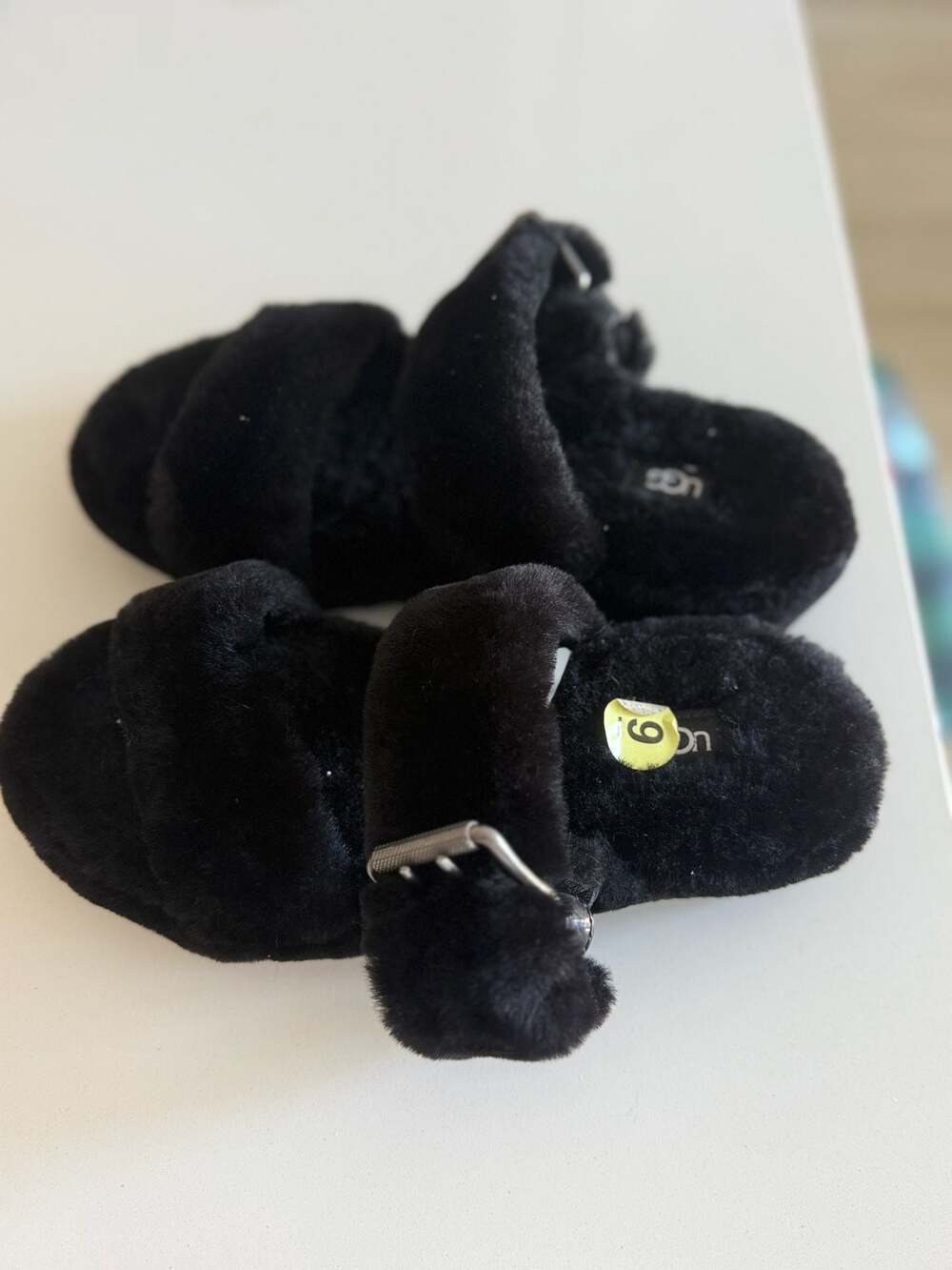 UGG Fuzz Yeah Black Shearling Double Strap Slide Sandals